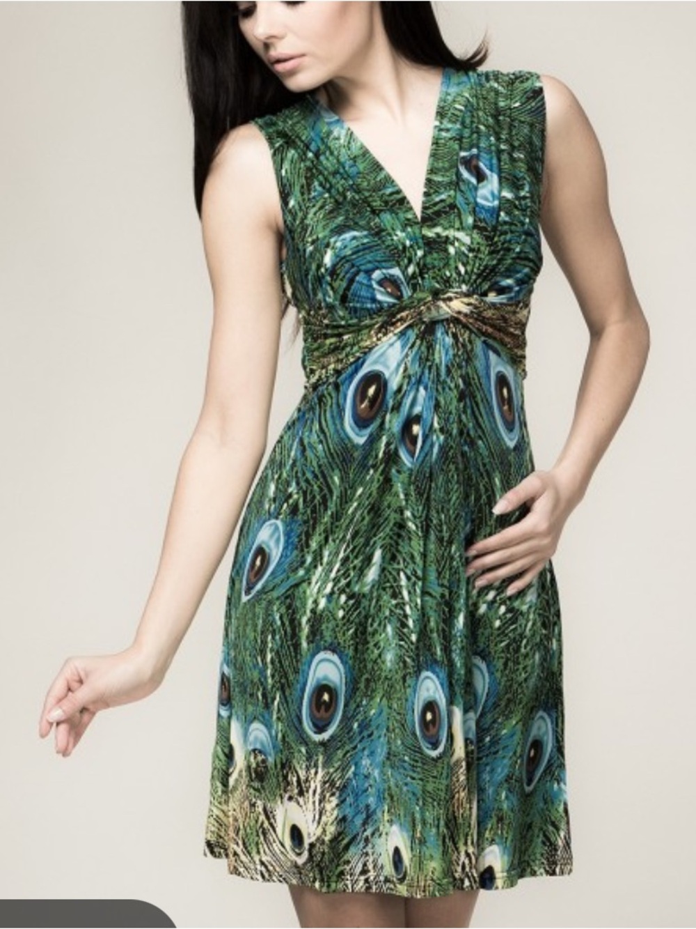 Green Peacock-Print V-Neck Sleeveless Mini Dress